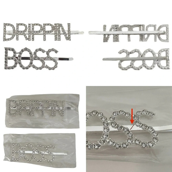 Crystal Rhinestone Studded Metal Hair Pin Accessories “DRIPPIN” & “BOSS” Set - Picture 1 of 11